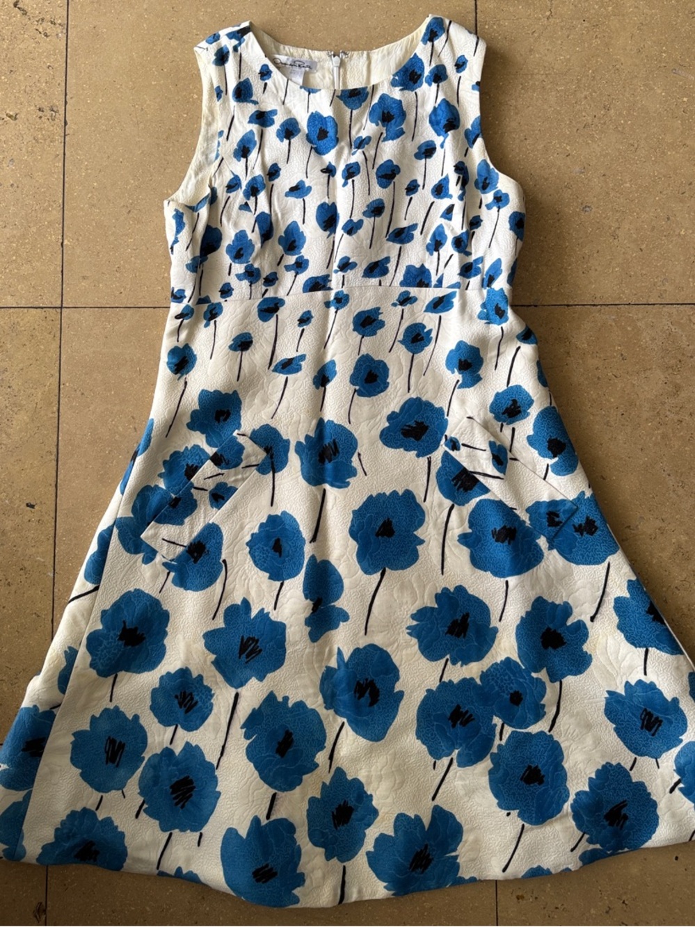 Oscar de la Renta White Midi Dress with Blue Floral Print